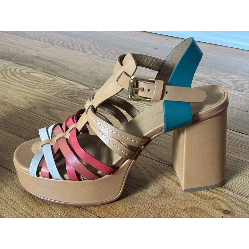 See By Chloe Sierra Platform Heels Sandals Irlanda Leather Brown Green Red 39 - Picture 3 of 16